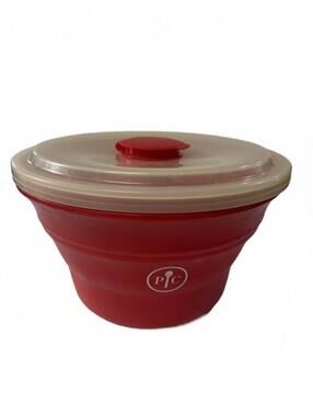 Pampered Chef Microwave Popcorn Maker, Red Silicone Colapsable Bowl with Lid